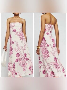 Reformation Romantic Arista Pink Floral Crista Ruffle Strapless Midi Dress (XS)